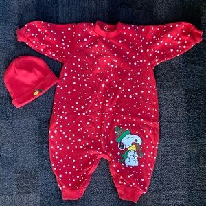VTG Snoopy & Woodstock Peanuts Christmas Baby 2-PC Jumper Hat Size 6-9mo 90's